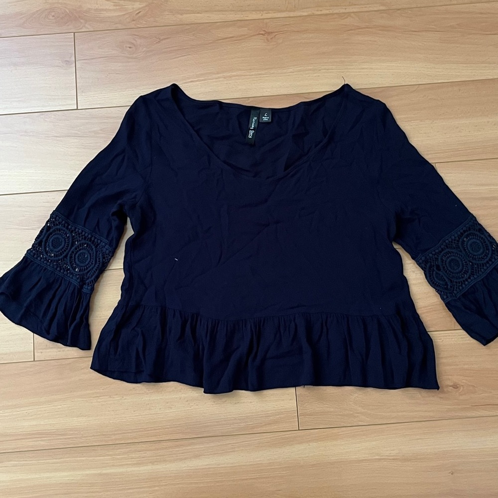 Runway Story Navy Blue Long Sleeve Blouse, Embroidered Puff Sleeves, Size Large